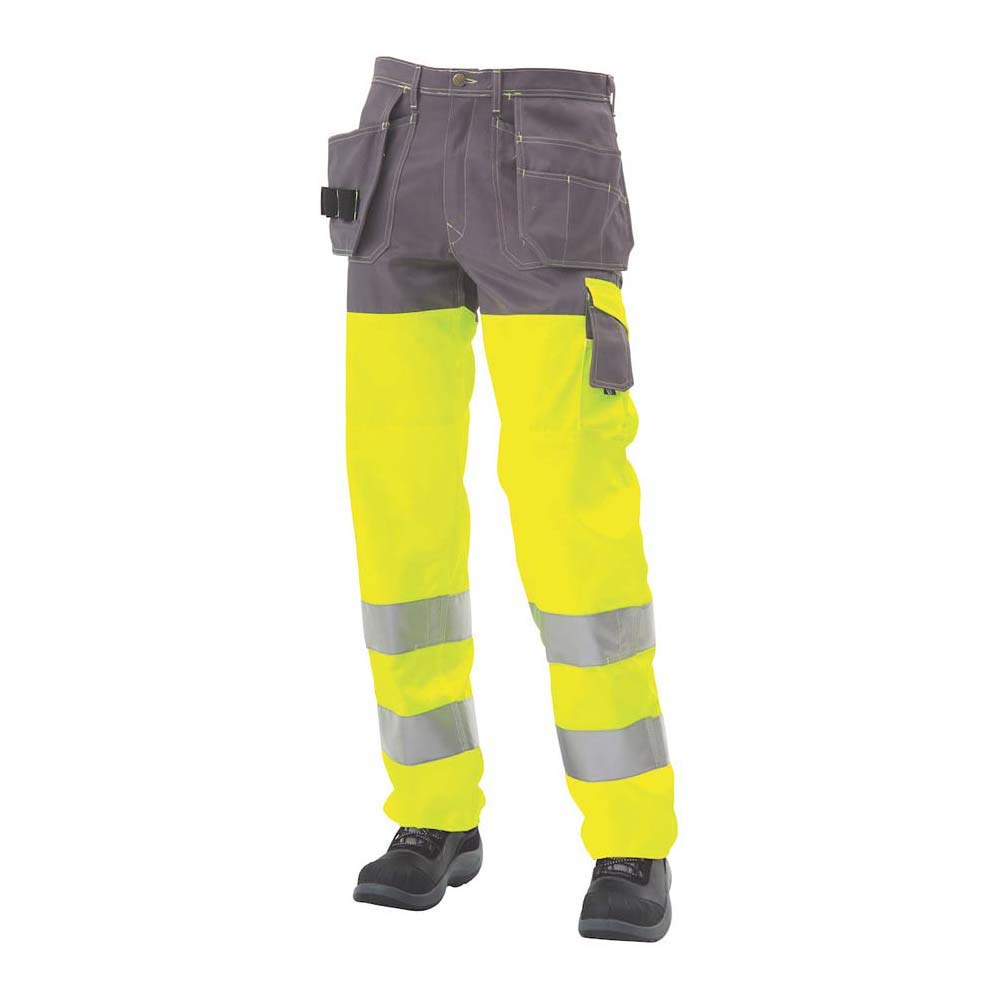 J.A.K. 1110086B104 Series 11100 70% Polyester/30% Cotton Trousers with Hanging Pockets, EN 20471, Class 2, Yellow/Grey, 58 L (41/35) Size