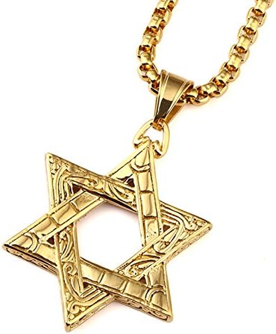 Coolzdt Unisex Biker Titanium Steel Hexagram Six-Pointed Jewish David Star Pendant Necklace, 27.559 inch Chain (Golden)