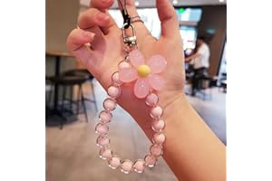 SYSUII Mobile Phone Strap Beaded Flower Bracelet Creative Hanging Rope Keychain Mobile Phone Lanyard Beaded Flower Anti-Lost Phone Case Lanyard Girl Women's Wrist Strap Phone Charms,Pink