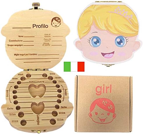 Tooth Box for Kids, Baby Tooth Storage Box Wooden Personalised Leaves Souvenir Box Personalised Baby Tooth Collection Box (Italy) (Coloured Girl)