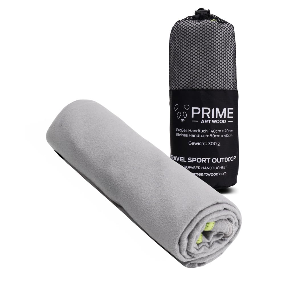 Prime Art Wood® Microfibre Hand Towels Set of 2 (70 x 140 cm and 40 x 80 cm) Quick-Dry, Extremely Absorbent, Ultralight Travel Towel Set with Bag - Ideal for Outdoor, Travel, Camping, grey, 140x70cm
