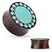 Crushed Turquoise Tribal Sunburst Inlaid Organic Sono Wood Double Flared Saddle Ear Plugs Gauges - Sold As Pair (12mm - 1/2
