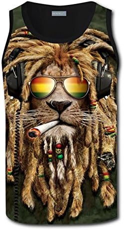 SLOUNGDANHZ Men's Rasta Lion with Sun Glasses Jamaica 3D Digital Printed Vest Tank Tops Sleeveless T Shirt Camisole L