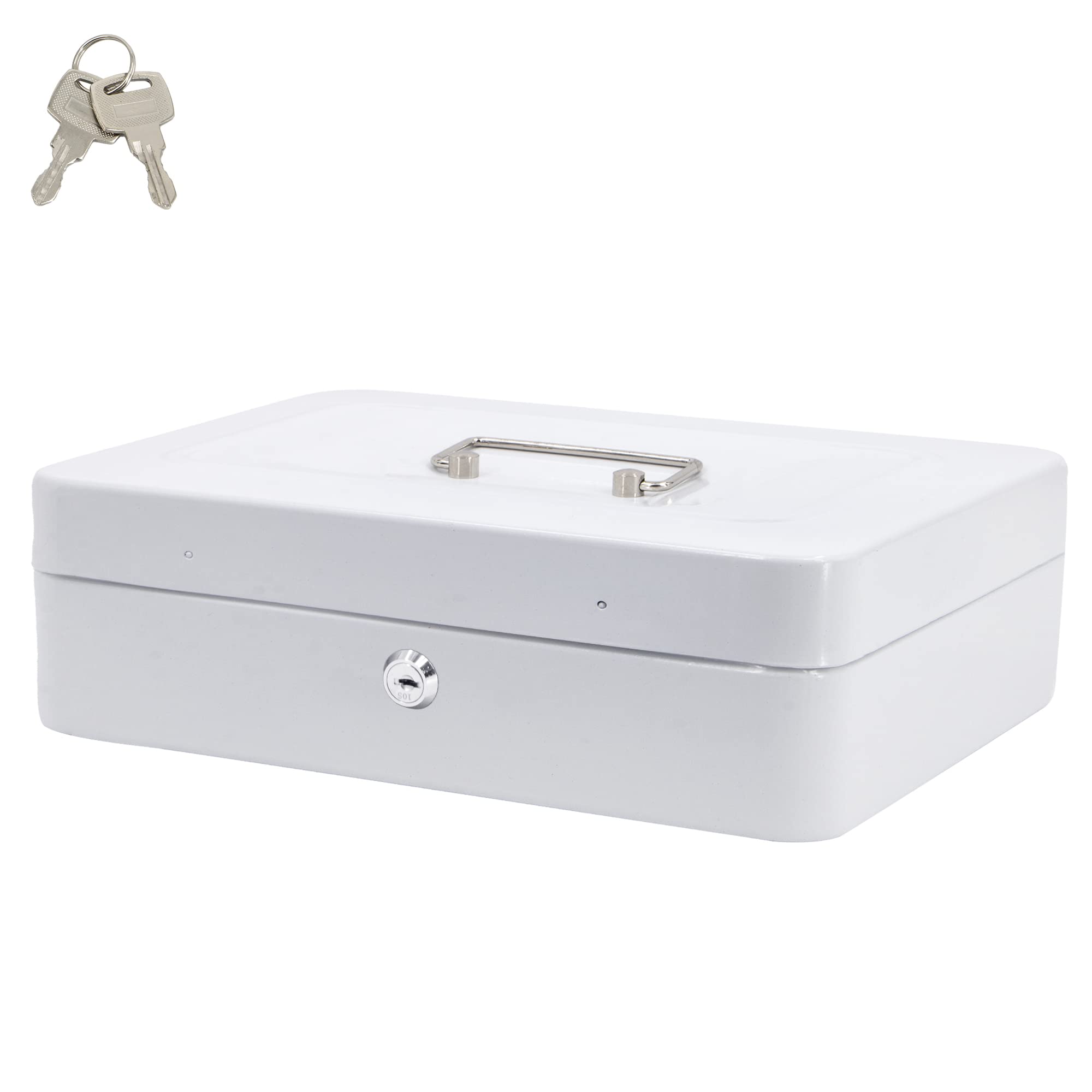 Time to Sparkle 12 inch Small Lock Box Money Safe with Tray for Cash Metal Saving Box Lock and Key with Stainless Steel Handle 22 * 30 * 9cm White
