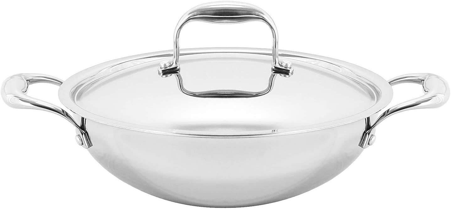 VINOD Platinum Triply Stainless Steel Cookware Wok Cooking Pan Deep Fry Kadhai with Lid (22 cm, 1.8 Liters, Induction Friendly, Silver)