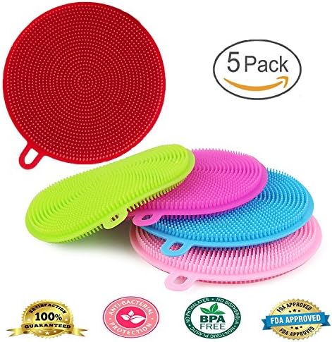 Silicone Sponge Antibacterial Dish Brush Scrubber - Washing For Kitchen 5 Pack Heat Resistant Tool Multi Purpose Set Non Stick Washable Cleaning Sponges Household Mildew Free Dishwasher Safe