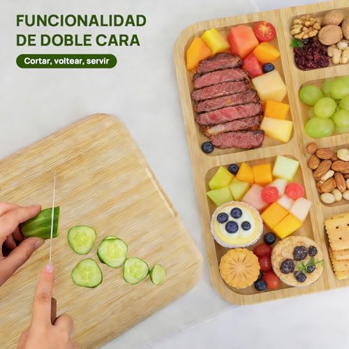 Tabla de Quesos con Tapa Transparente Antipolvo, Tabla Charcuteria Portátil con Asa y Seguro, 6 Divisiones, Reversible de Bambú - Ideal para Picnics, Fiestas, Camping y como Regalo para Casa Nueva