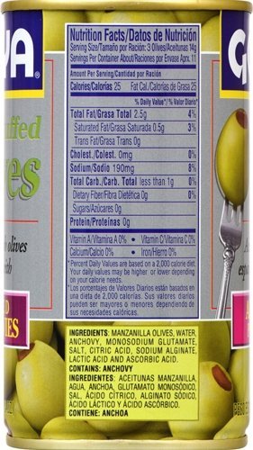 Goya Manzilla Green Olives Stuffed with Anchovies, 5.25 Ounce Can of Spanish Anchovy Olive