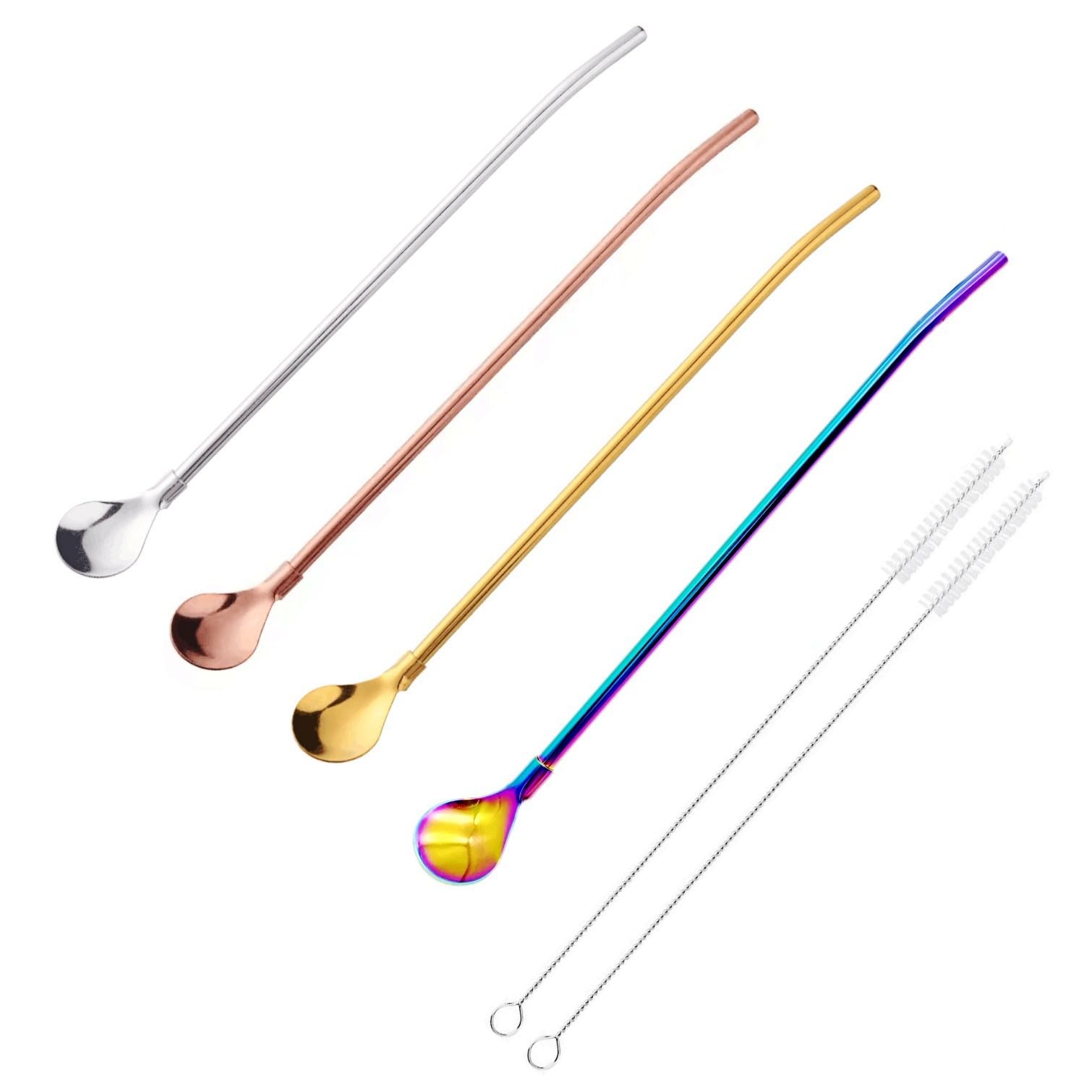 JZK 4 X Multicolor Stainless Steel Drinking Straw Spoon Reusable Metal Straw Spoon 2 in 1 with 2 Cleaning Brushes for Smoothies Milkshakes Coffee Cocktail