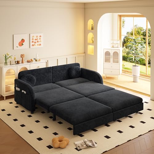 65.4'' Queen Size Sleeper Sofa Bed, 3-in-1 Pull Out Chenille Couch, Black