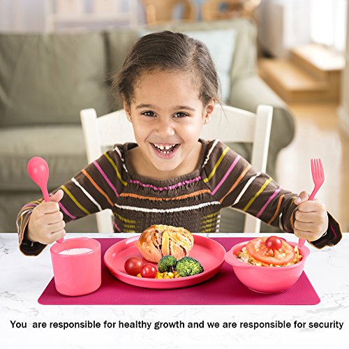 Silicone Children Tableware Set of 5, Yehua Baby, Kids, Toddler Dinnerware Set - Spoon, Fork, Cup, Plate, Bowl - FDA/BPA Free Appoved, Unbreakable, Best Gifts With Child 1-13 Years Old - Rose - Thumbnail 4