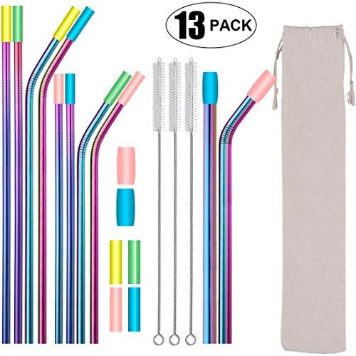 MultiColor Stainless Steel Straws Set of 13 10.5" 8.5" Reusable Straws Metal Straws for 30/20oz Tumbler FDA-Approved Drinking Straws (5 Straight+5 Bent+3 Brushes+10 Soft Silicone Tips+1carry bag）
