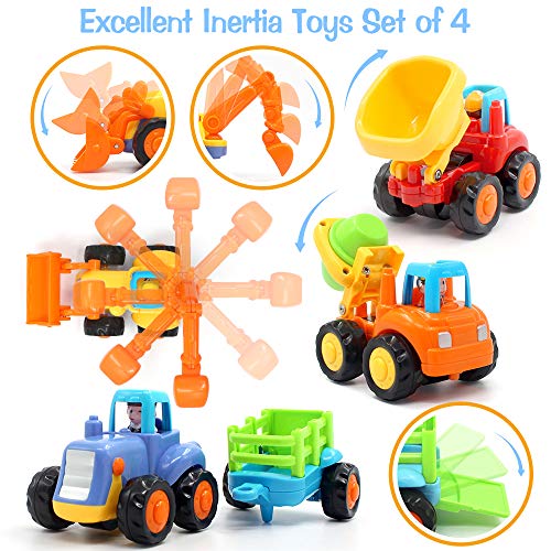 Friction Powered Cars Push and Go Toys Cars for Toddlers Baby Boys Inertia Toys Early Educational Toddler Toys Construction Vehicles Toys Kids Gift Tractor, Bulldozer, Cement Mixer, Dump Truck, 4Pcs - Thumbnail 3