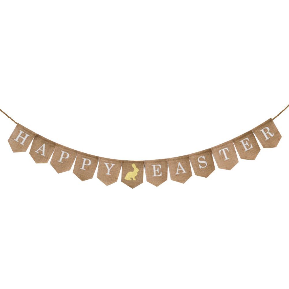 HAPPY EASTER Jute Cloth Hanging Buntings Banner String Party Flag Decorative Banner