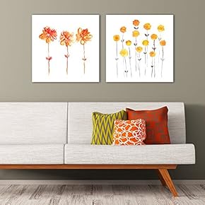 2 Panel Square Canvas Wall Art - Minimalism Style Watercolor Flowers on White Background - Giclee Print Gallery Wrap Modern Home Art Ready to Hang - 12"x12" x 2 Panels