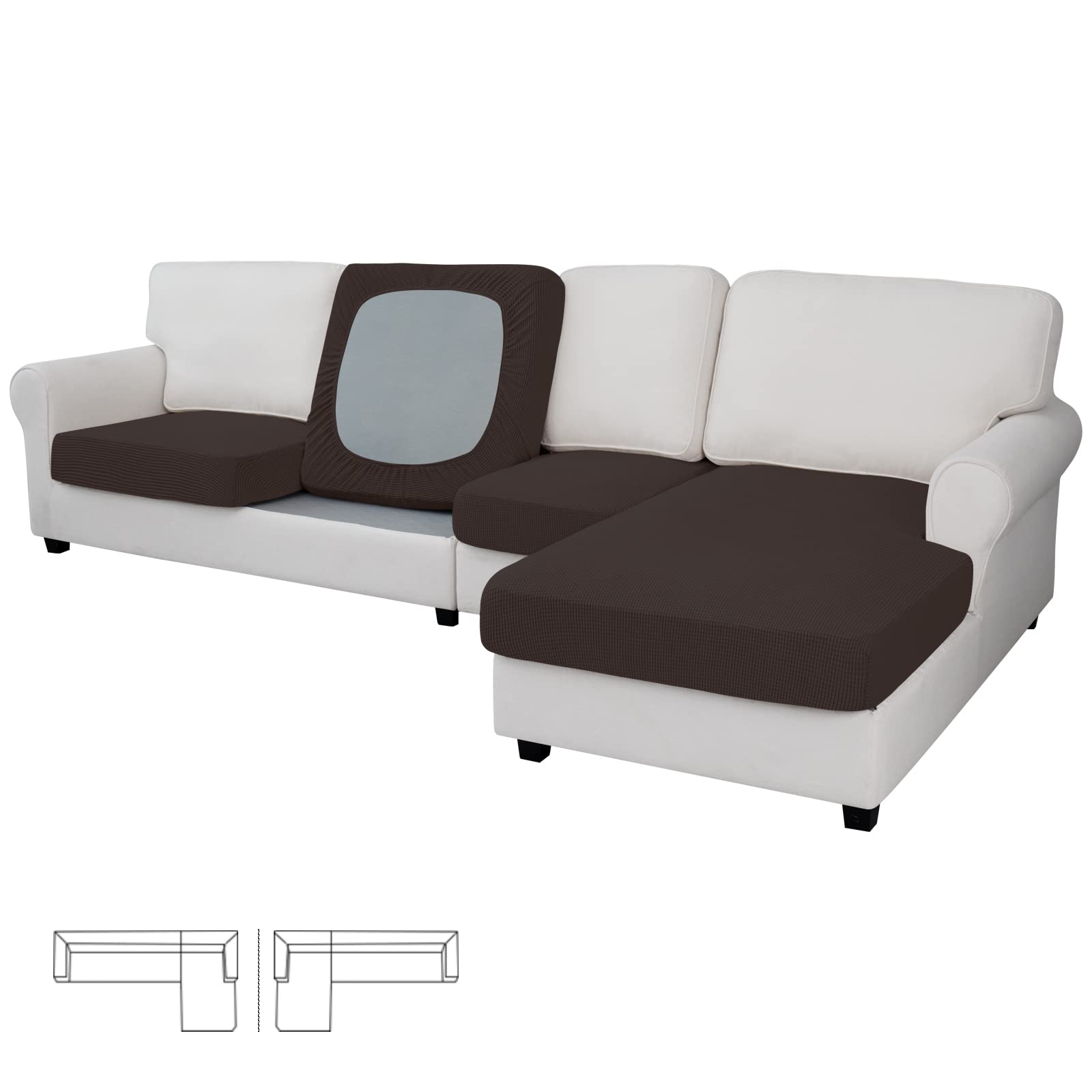 Easy-Going Stretch 4 Pieces Couch Cushion Covers for Sectional Sofa Left/Right L Shape Chaise Lounge Sofa Seat slipcover Anti-Slip Sofa Cover Soft (3 Seater + 1 Chaise, Chocolate) Image
