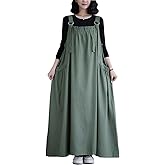 EXPOING Denim Jumper Dress for Women Loose Version Baggy Style Maxi Length Adjustable Straps Wide Hemline