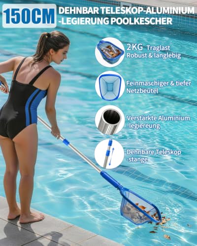 MRUN BONE Pool Kescher Feinmaschig Poolkescher 150 cm Poolnetz mit Teleskopstange Fein Netz für Pool, Schwimmbad, Teich, Aufstellpool, Planschbecken, Algen, Aufblasbarer Pool
