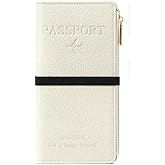 DOB SECHS Passport Holder for Travel Women RFID Blocking Leather Passport Wallet Travel Document Organizer Pouch Bag, Slim Passport Cover Case with Zipper Cash Pocket Purse+Card Slots+ID Window, White