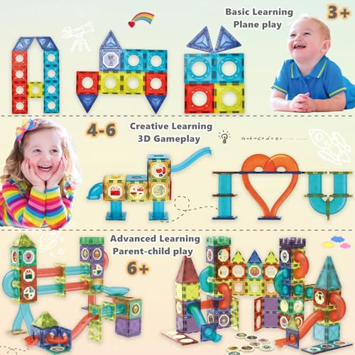 Magnetische Bausteine 144 Teile mit LED-Beleuchtung und Magnetkugelbahn,STEM Montessori-Lernspielzeug für kreatives Bauen,Pädagogisches Kindergeschenk ab 5 Jahren