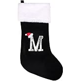 jargebur 20 Inches Initial Monogram Christmas Stocking Personalized,Deluxe Black Velvet Body with Super Soft Plush Cuff Embroidered Letter,Holiday Season Decor (Black, Letter M)