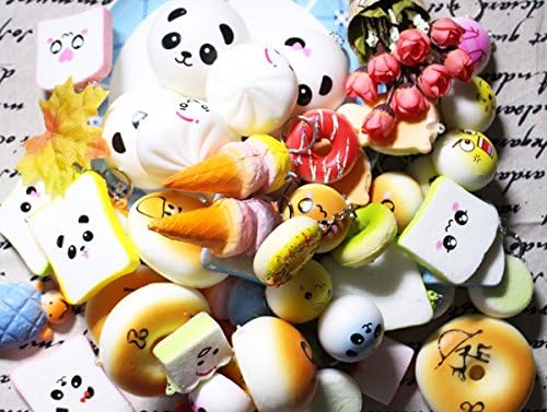 Squishy Charms Kawaii Soft Foods Squishies Toys Cake/Panda/Bread/Buns Phone Charm Key Chain Straps, Pack of 16 (Random)