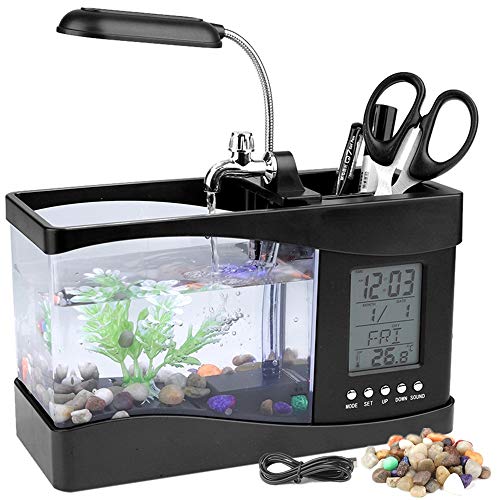 Mini Fish Tank, Multifunctional USB Rechargeable Mini Fish Tank Illuminate Aquarium with Clock Function LED Light Table Decoration (Black)