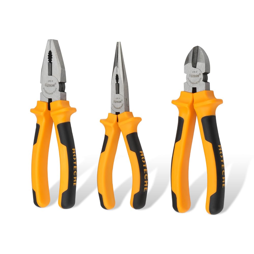 Hoteche Pliers Set with 3-Piece Set - 160 mm Combination Pliers, 180 mm Side Cutters, 160 mm Long Nose Pliers - Yellow and Black Ergonomic Handle - Hand Tool Set