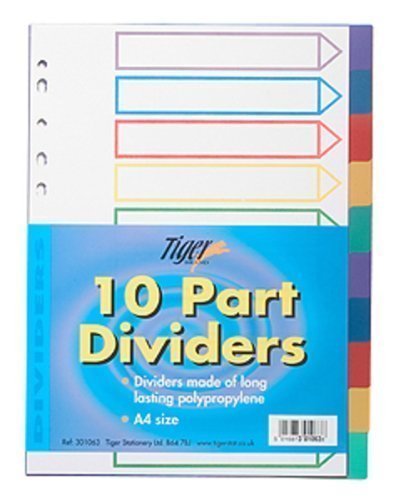 Tiger A4 multicoloured polypropylene 10 part dividers for filing x 1 set