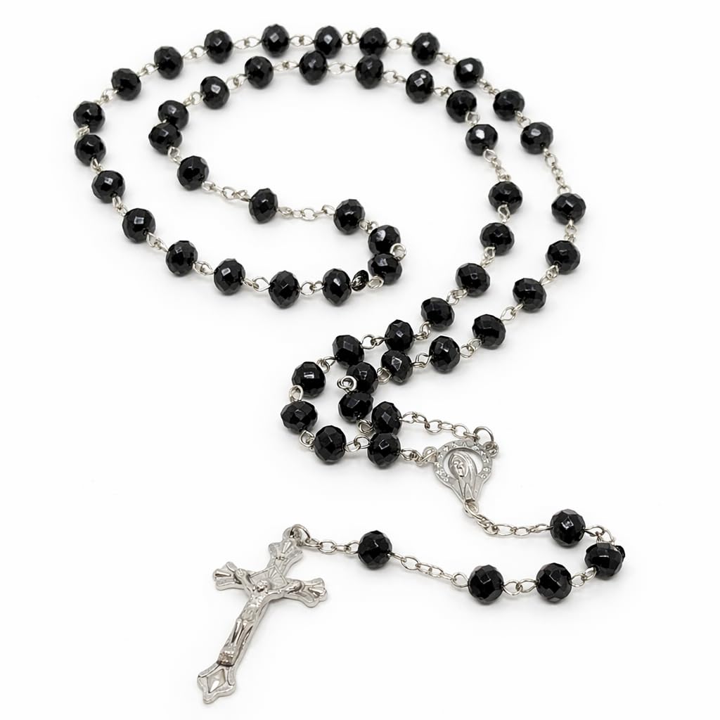 Diamond Cut Black Glass Rosary Beads Necklace with Silver Crucifix – Luxury Catholic Prayer Rosary, Faceted Crystal Beads, Elegant Devotional Jewellery