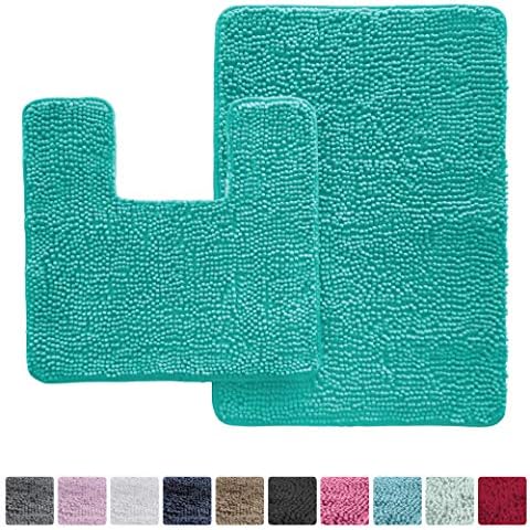 Kangaroo Original Shaggy Chenille Bathroom 2 Piece Rug Set Includes Mat Contoured for Toilet and 30 x 20 Carpet Mat, Machine Wash/Dry Mats, Plush Rugs for Kids Tub, Shower, and Bath Room (Turquoise)