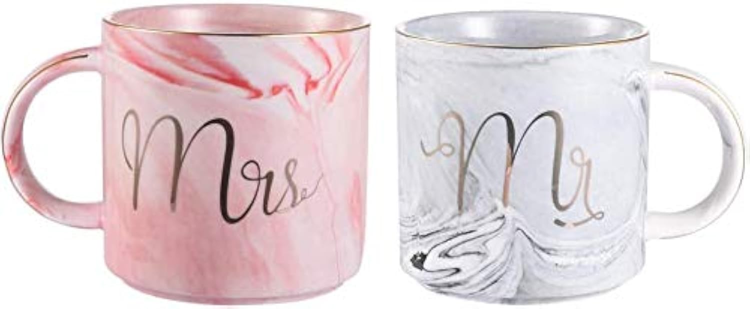 Set of 2 Mr and Mrs Couples Coffee Mugs, Ceramic Marble Coffee Cups Set - Bridal Shower Engagement Wedding Anniversary Valentines Gifts for Couples, Pink and Gray