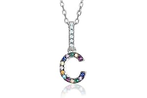 Sterling Silver Initial Letter Necklace Pendant for Girls Small Multi Color Rainbow Simulated Gemstones