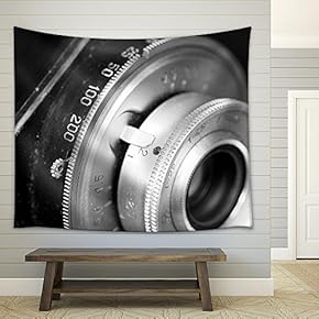Closeup of Old Retro Cmena Film Camera Lens - Fabric Wall Tapestry Home Decor - 51x60 inches