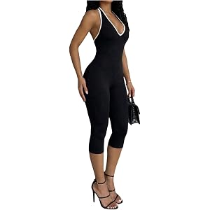 WDIRARA Women's Contrast Trim Halter Backless Unitard V Neck Workout Capri Jumpsuits