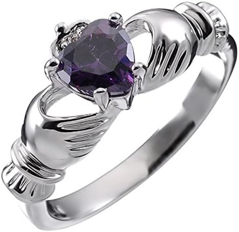 GWG JewelleryGWG Women's Rings Gift Sterling Silver Claddagh Love Ring with Amethyst Purple Heart CZ Stone, Hands, and Crown for Women