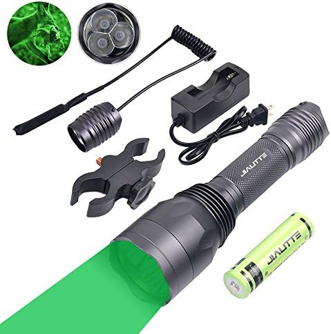 Green Light Hunting Flashlight JIALITTE 650 Lumens Coyote Hog Fox Predator Varmint Hunting Light Set with Gun Mount and Remote Pressure Switch (18650 Rechargeable Battery and Charger Included)