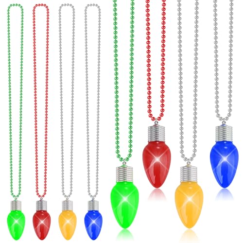 EOBOH Christmas Necklace, 8pcs Light up Christmas Bulb Pendant Necklaces, Xmas Accessories Bulk Green Yellow Red Blue Beads, Light Xmas Necklaces for Ugly Sweater New Year Party Supplies