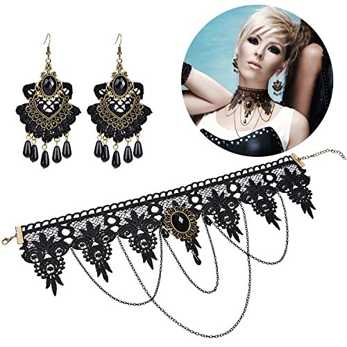 Aniwon Punk Style Wedding Party Black Lace Choker Beads Tassels Chain Pendant Necklace Earring Set for Women (Choker+Earring)