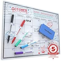 Magnetic Dry Erase Monthly Calendar for Refrigerator - 17X12" - 5 Fine Tip Markers and Large Eraser with Magnets - Stain Resistant Surface - Whiteboard Organizer Planner. Perfect Fridge White Board