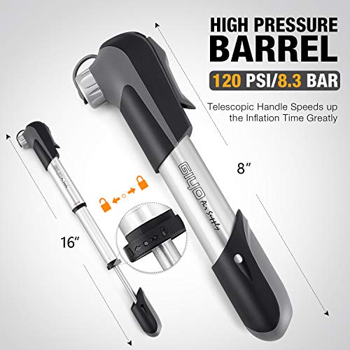 GIYO Mini Bike Pump Portable, 120 PSI High Pressure Bicycle Air Pump Fits Presta & Schrader Automatically Patch and Mount Kits Included