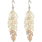 ONLYJUMP Feather Earrings for Women Boho Artistic Vintage Leaf Metal Dangle Drop Earrings Lightweight Leaf Earrings with Detailed Texture Drop Dangle Earring Jewelry Gifts