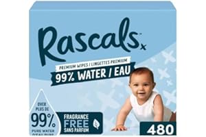 Rascals Premium Baby Wipes, 99% Water, 480 Count, Plastic-Free, Hypoallergenic, pH Balanced, Gentle for Daily Use