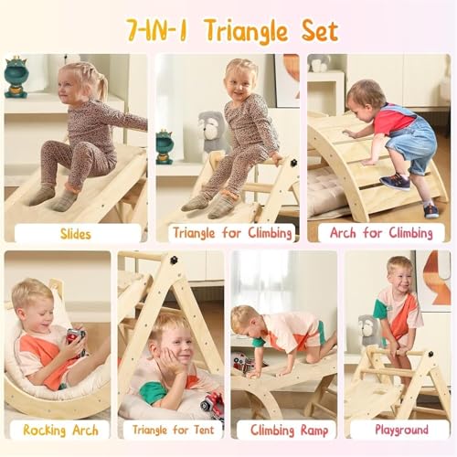 AM ANNA Pikler Triangle Set for Toddlers Climbing Toys Indoor, 7 in 1 Toddler Climbing Toys Indoor, Montessori Foldable Climbing Set, Wooden Climbing Toys for Toddlers 1-3 (Wood)