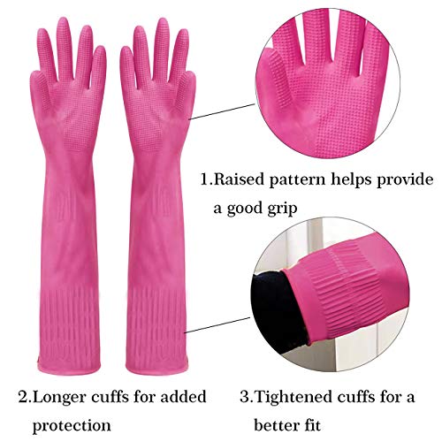 Malier Pack of 2 Pairs Rubber Cleaning Gloves, Extended Kitchen Dishwashing Gloves, Waterproof Reusable Household Cleaning Gloves with Cleaning Cloth (Rose Red, Large)