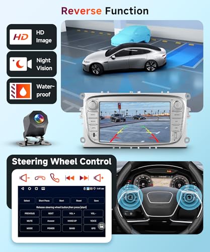 【4+64G】Hodozzy Carplay Autoradio per Ford Focus II Galaxy II Mondeo S-Max C-Max con USB USB-C, 7 Pollici Autoradio Bluetooth con Android Auto/32 EQ/FM/RDS/SWC+Retromarcia Telecamera,Argent