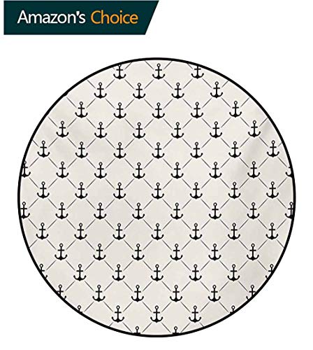 RUGSMAT Anchor Modern Machine Washable Round Bath Mat,Abstract Retro Nautical Style Motif Checkered Pattern Sailing Yachting Theme Non-Slip Soft Floor Mat Home Decor,Diameter-31 Inch