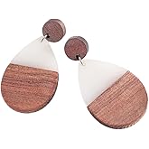 Resin Wooden Lightweight Geometric Dangle Drop Earrings Natural Wood Teardrop Earrings for Women Statement Bohemian Jewelry