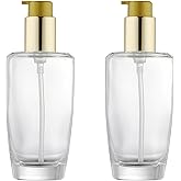 2Pcs 100ml/3.4oz Empty Clear Glass Lotion Pump Bottle with Gold Pump Top Portable Essential Oil Pump Dispensers Jars Vials Hair Conditioner Container for Makeup Emulsion Toner