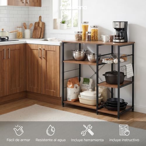 MUEBLANA - Alacena organizador cocina – Con estantes, canastillas y colgadores – Acero y madera – Compacta, resistente al agua y fácil de armar – 90x40x85 cm – Capacidad 20kg por nivel